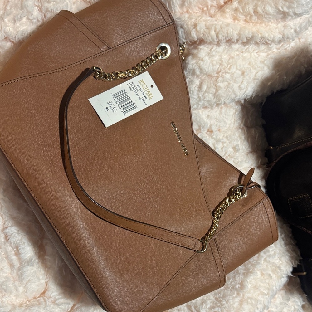 Michael Kors Brown Leather Shoulder Bag with Gold Chain